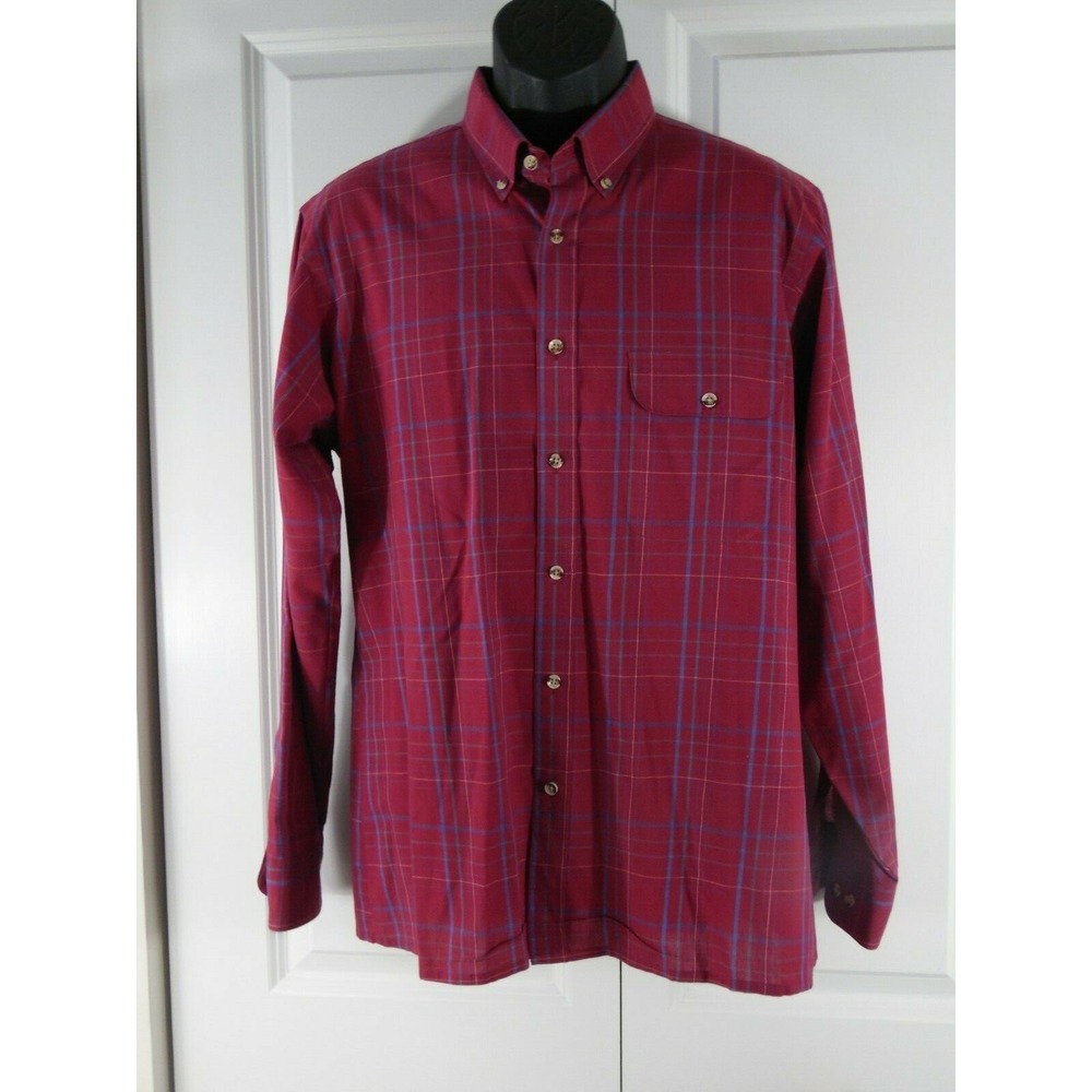 Arnie Fitted Sport Shirt Mens Single Needle Button Down Shirt Red Plaid Pocket L